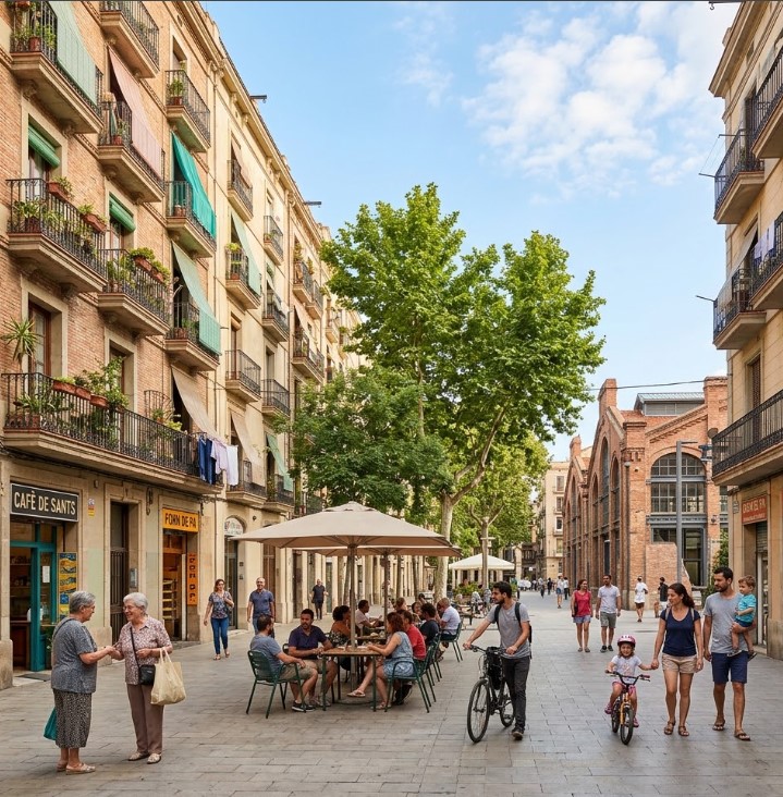Vistas de las plazas, vida vecinal y el pasado industrial del barrio de Sants, Barcelona